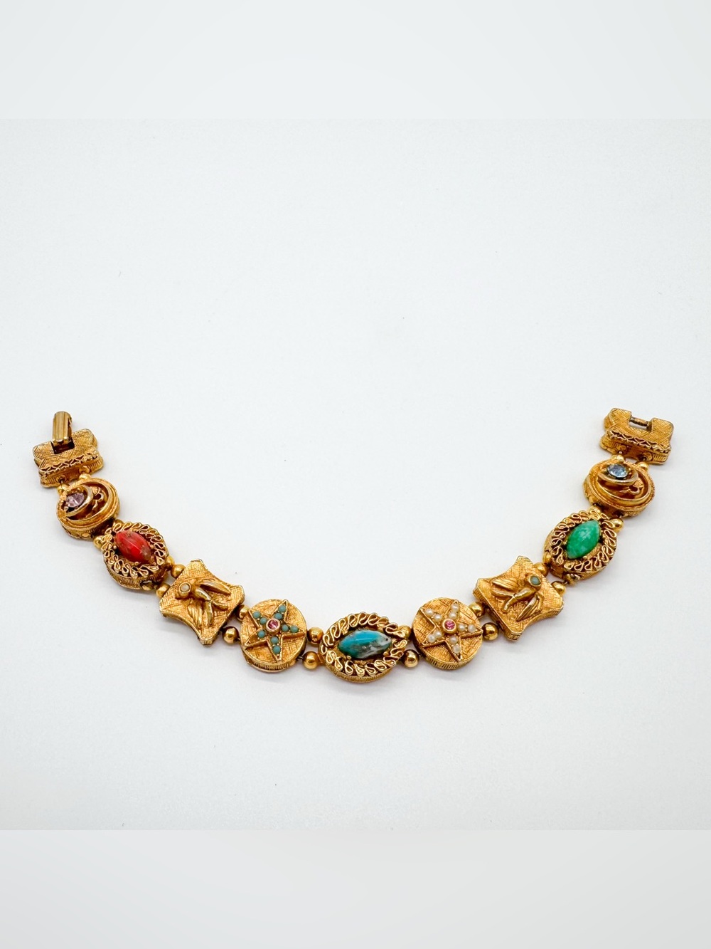 Vintage Goldette Style Victorian Revival Charm Slide Bracelet Moon Celestial